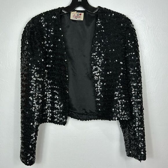 Caron Chicago Vintage Black Sequined Open Front Bolero Style Jacket Size 8 - Picture 1 of 10